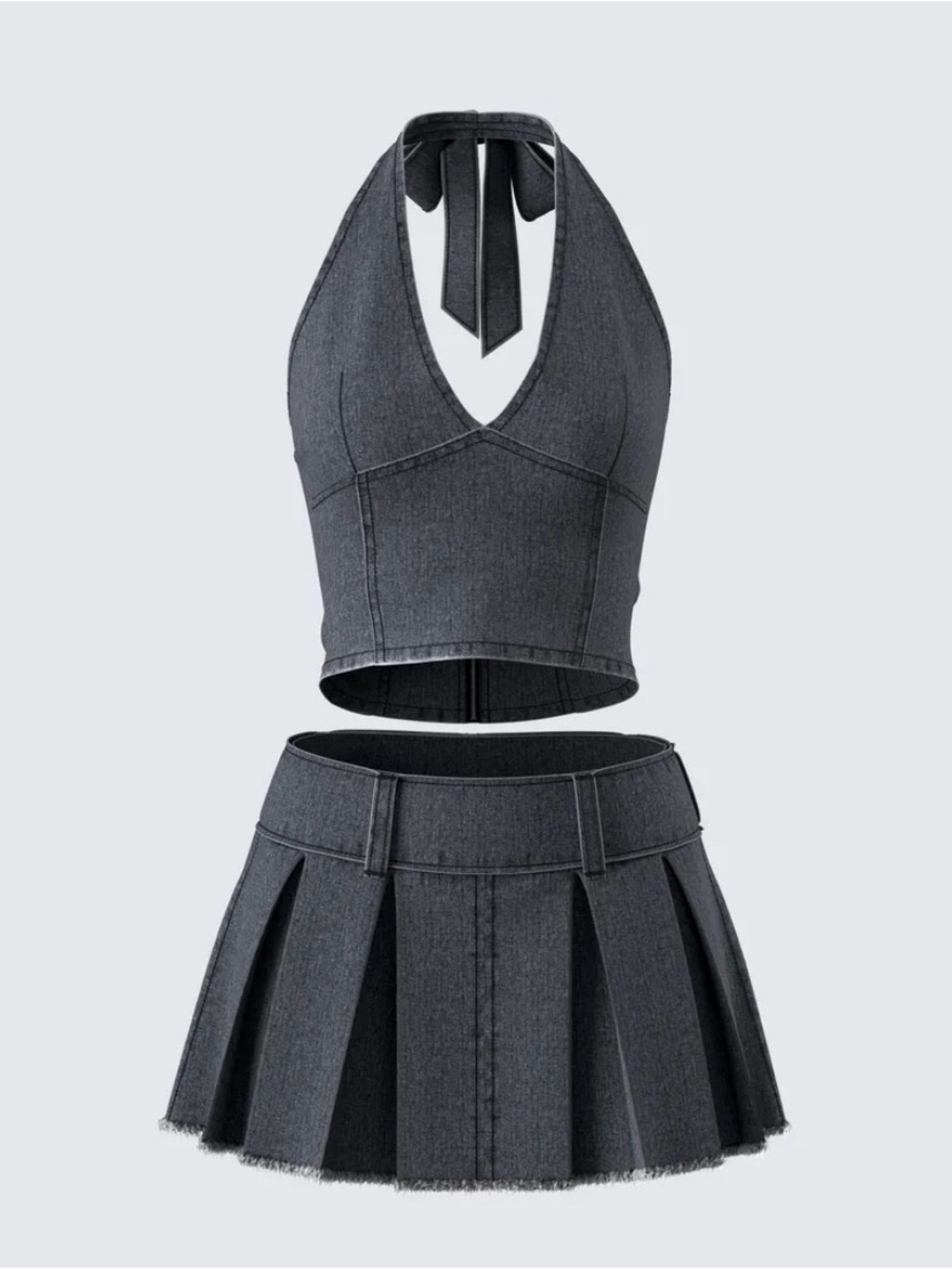 Finesse Ismay Black washed Denim Halter crop Top and pleated skirt set sz XS